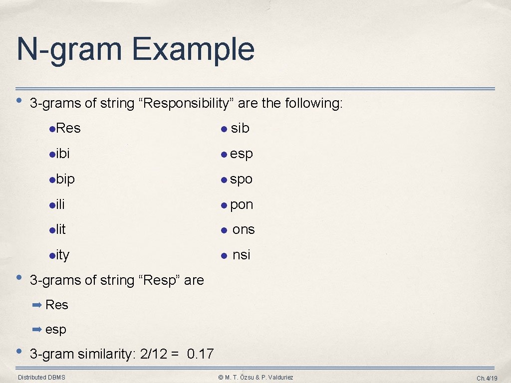 N-gram Example • • 3 -grams of string “Responsibility” are the following: Res sib