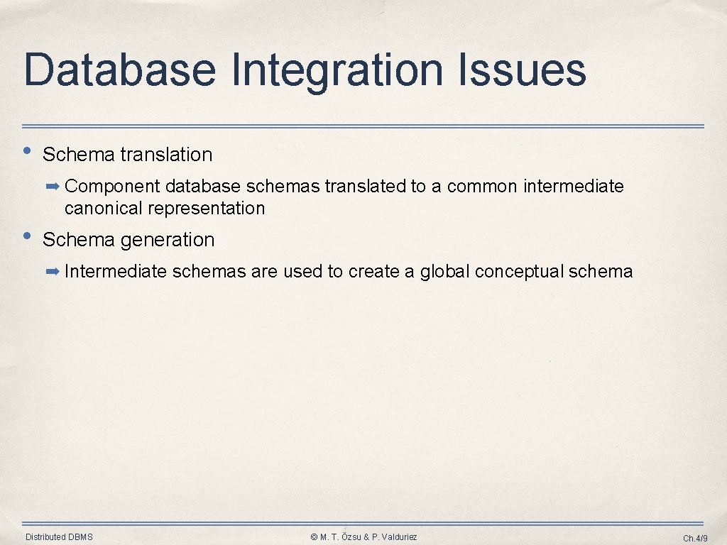 Database Integration Issues • Schema translation ➡ Component database schemas translated to a common