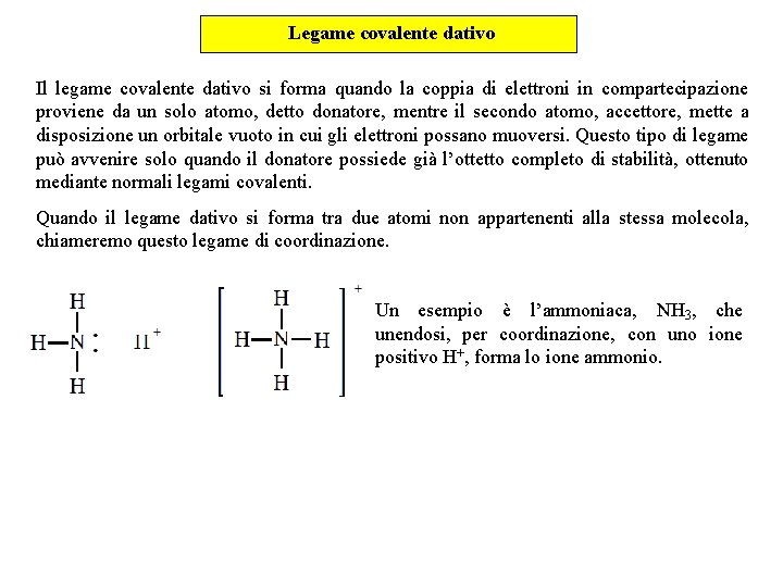 Legame covalente dativo Il legame covalente dativo si forma quando la coppia di elettroni