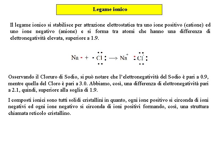 Legame ionico Il legame ionico si stabilisce per attrazione elettrostatica tra uno ione positivo