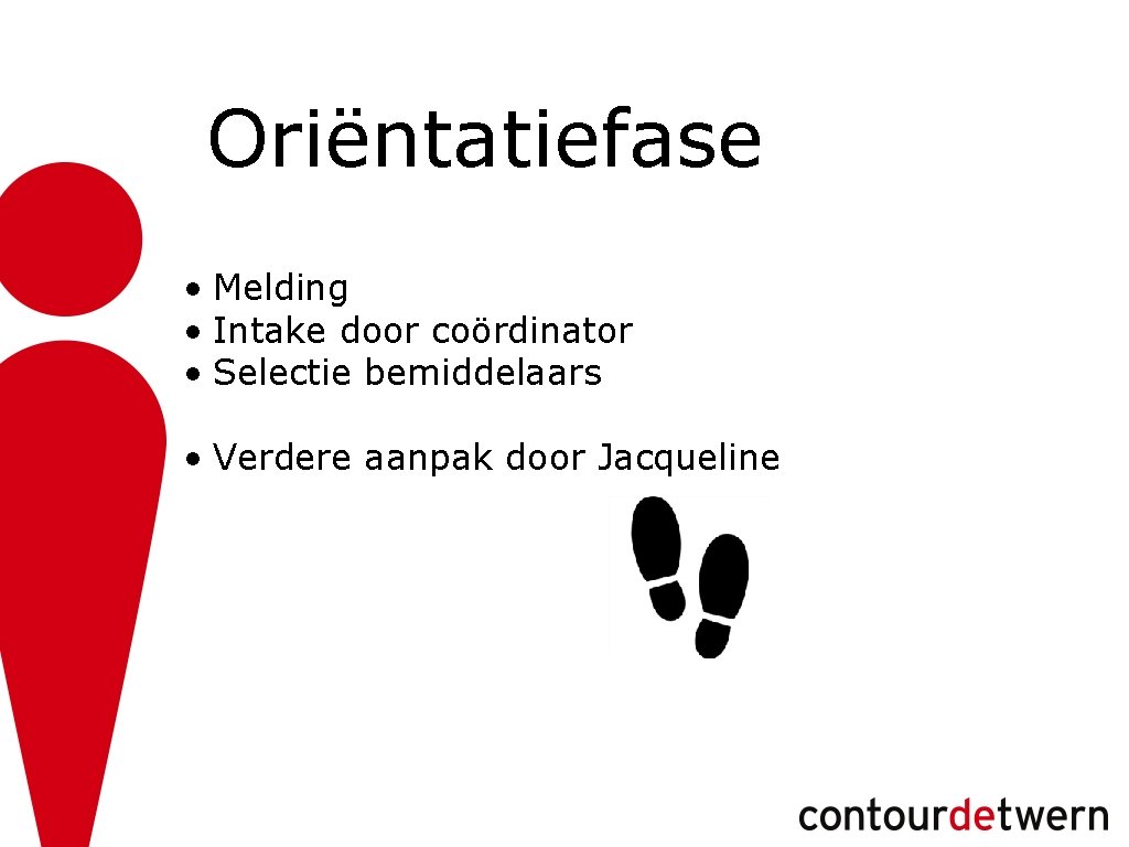 Oriëntatiefase • Melding • Intake door coördinator • Selectie bemiddelaars • Verdere aanpak door