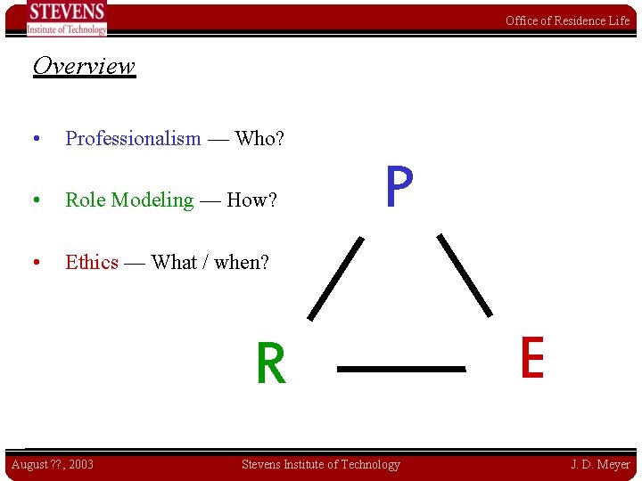 Office of Residence Life Overview • Professionalism — Who? • Role Modeling — How?