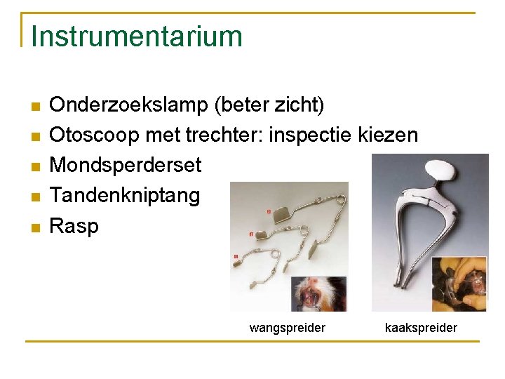Instrumentarium n n n Onderzoekslamp (beter zicht) Otoscoop met trechter: inspectie kiezen Mondsperderset Tandenkniptang