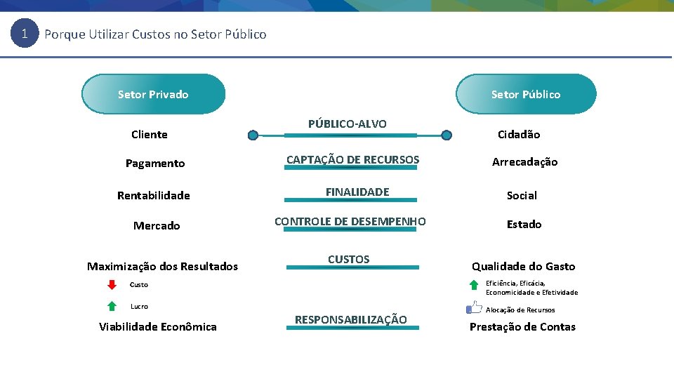 1 Porque Utilizar Custos no Setor Público Setor Privado Cliente Pagamento Rentabilidade Mercado Maximização