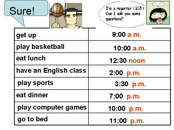 Sure! get up 9: 00 a. m. play basketball 10: 00 a. m. eat