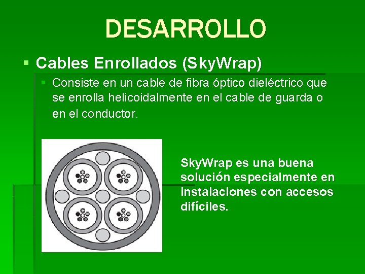 DESARROLLO § Cables Enrollados (Sky. Wrap) § Consiste en un cable de fibra óptico
