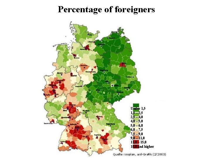 Percentage of foreigners Under 1, 5 – 2, 5 – 4, 0 – 5,