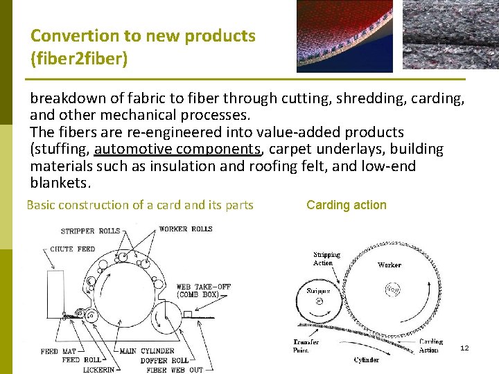 Convertion to new products (fiber 2 fiber) breakdown of fabric to fiber through cutting,