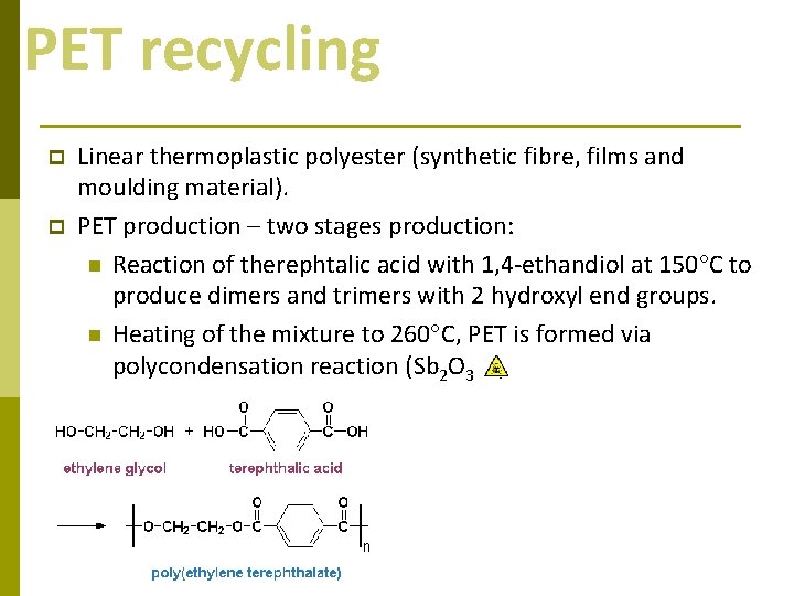 PET recycling p p Linear thermoplastic polyester (synthetic fibre, films and moulding material). PET