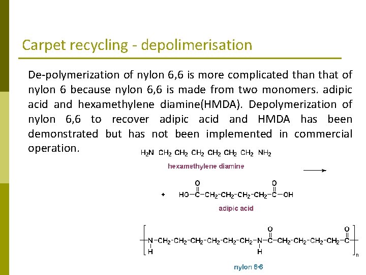 Carpet recycling - depolimerisation De-polymerization of nylon 6, 6 is more complicated than that