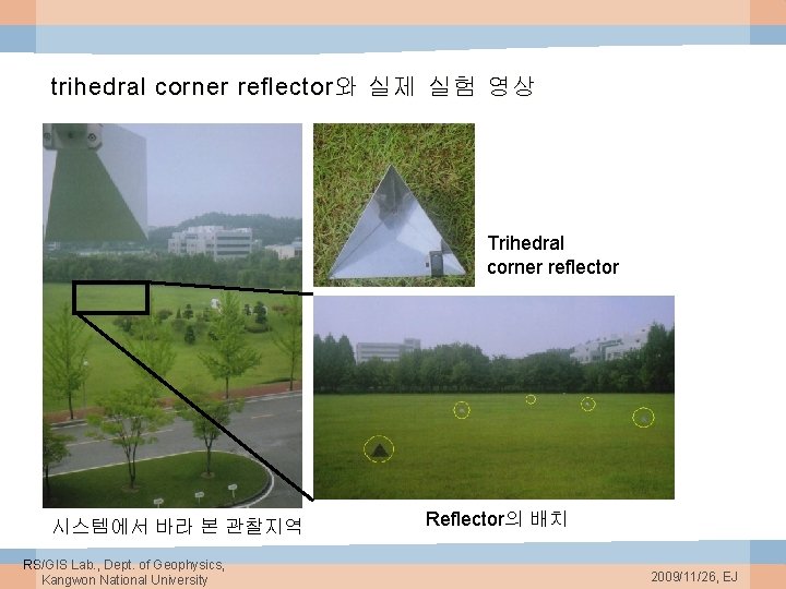 trihedral corner reflector 와 실제 실험 영상 Trihedral corner reflector 시스템에서 바라 본 관찰지역