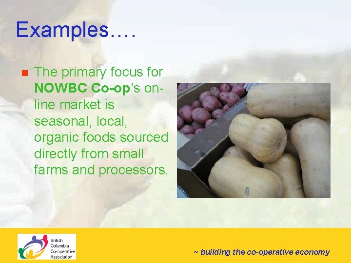 Examples…. n The primary focus for NOWBC Co-op’s online market is seasonal, local, organic