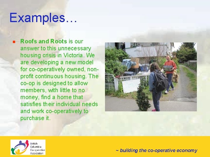 Examples… n Roofs and Roots is our answer to this unnecessary housing crisis in