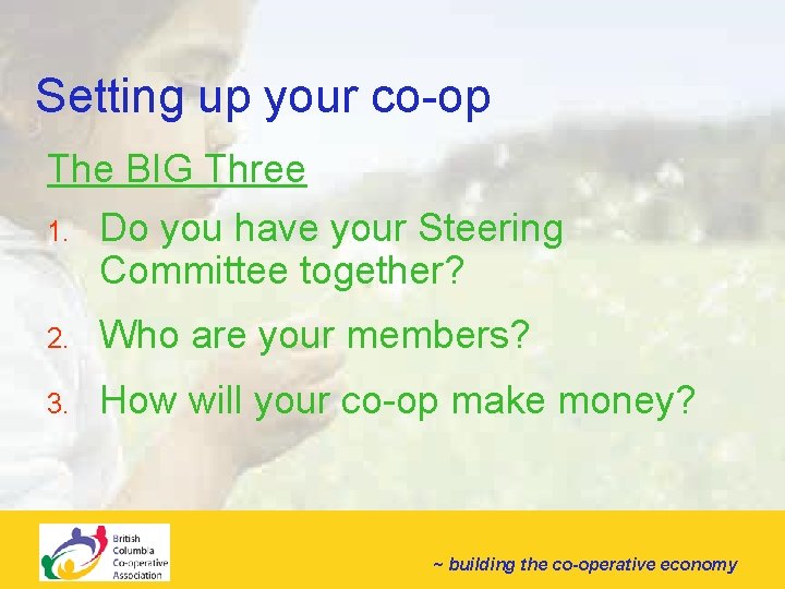 Setting up your co-op The BIG Three 1. Do you have your Steering Committee