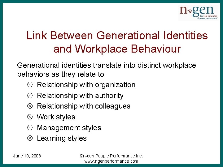 Link Between Generational Identities and Workplace Behaviour Generational identities translate into distinct workplace behaviors
