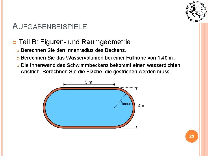 AUFGABENBEISPIELE Teil B: Figuren- und Raumgeometrie Berechnen Sie den Innenradius des Beckens. Berechnen Sie