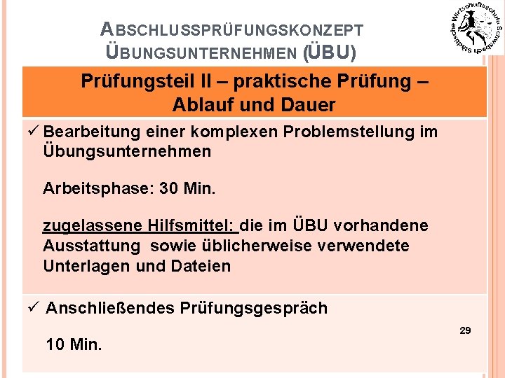 ABSCHLUSSPRÜFUNGSKONZEPT ÜBUNGSUNTERNEHMEN (ÜBU) Prüfungsteil II – praktische Prüfung – Ablauf und Dauer ü Bearbeitung
