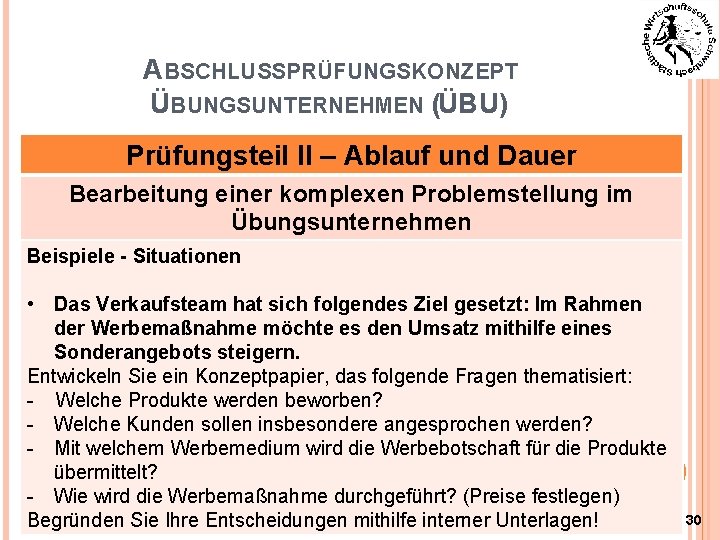 ABSCHLUSSPRÜFUNGSKONZEPT ÜBUNGSUNTERNEHMEN (ÜBU) Prüfungsteil II – Ablauf und Dauer Bearbeitung einer komplexen Problemstellung im