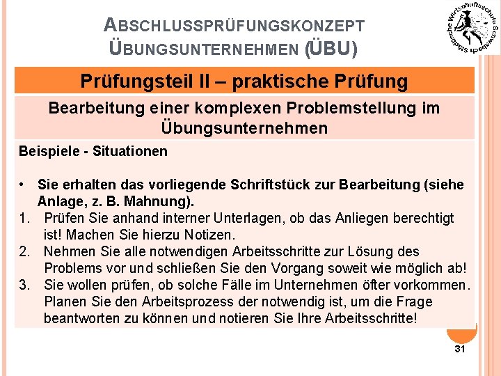 ABSCHLUSSPRÜFUNGSKONZEPT ÜBUNGSUNTERNEHMEN (ÜBU) Prüfungsteil II – praktische Prüfung Bearbeitung einer komplexen Problemstellung im Übungsunternehmen