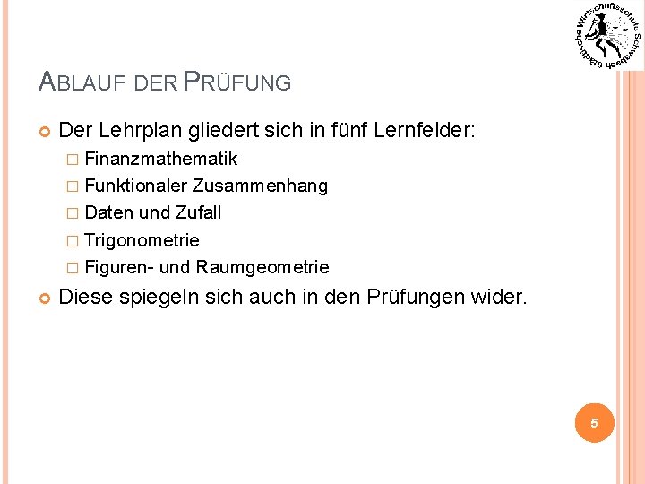 ABLAUF DER PRÜFUNG Der Lehrplan gliedert sich in fünf Lernfelder: � Finanzmathematik � Funktionaler