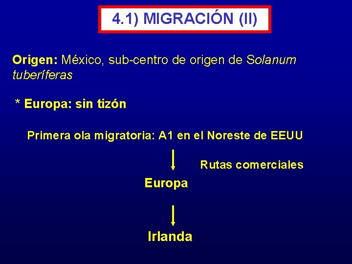 4. 1) MIGRACIÓN (II) Origen: México, sub-centro de origen de Solanum tuberíferas * Europa: