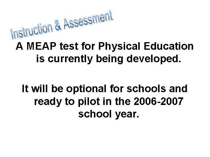 A MEAP test for Physical Education is currently being developed. It will be optional