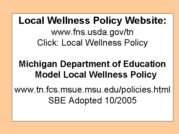 Local Wellness Policy Website: www. fns. usda. gov/tn Click: Local Wellness Policy Michigan Department