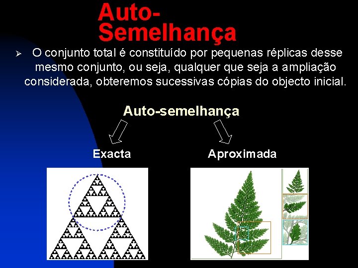 Auto. Semelhança Ø O conjunto total é constituído por pequenas réplicas desse mesmo conjunto,