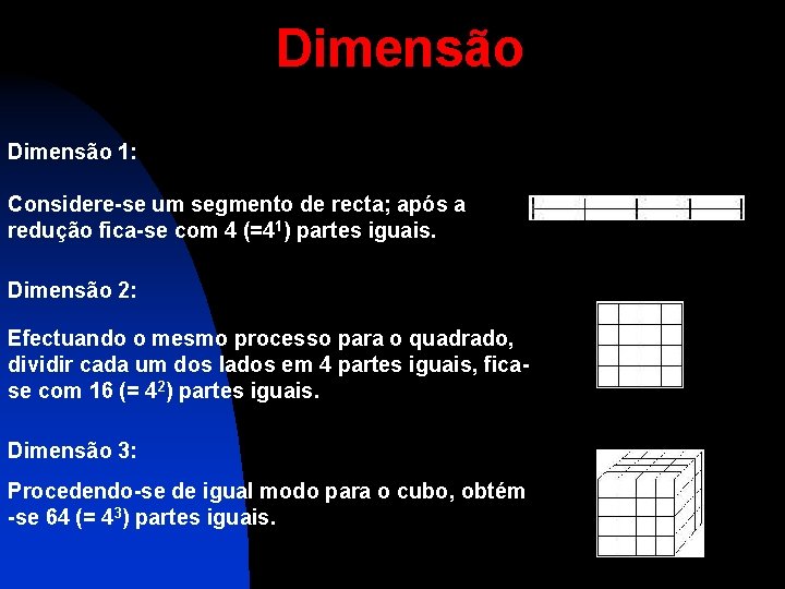 Dimensão 1: Considere-se um segmento de recta; após a redução fica-se com 4 (=41)