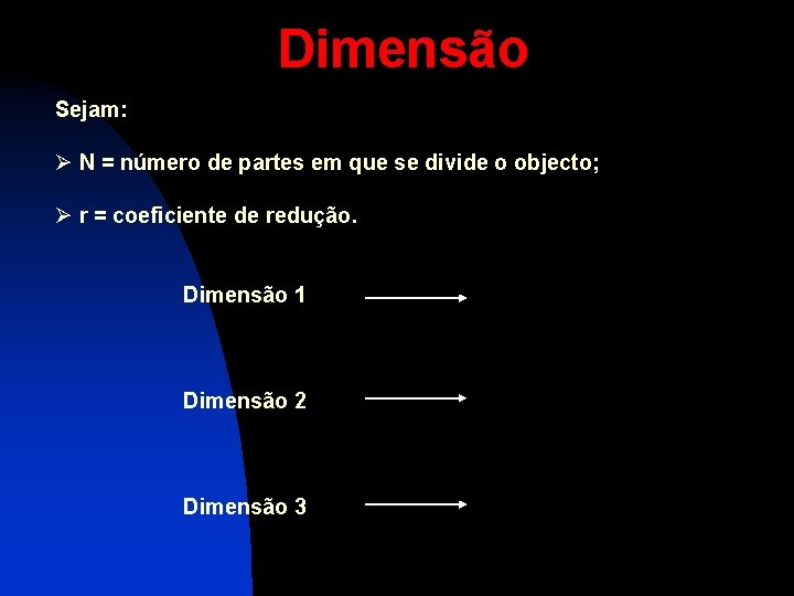 Dimensão Sejam: Ø N = número de partes em que se divide o objecto;