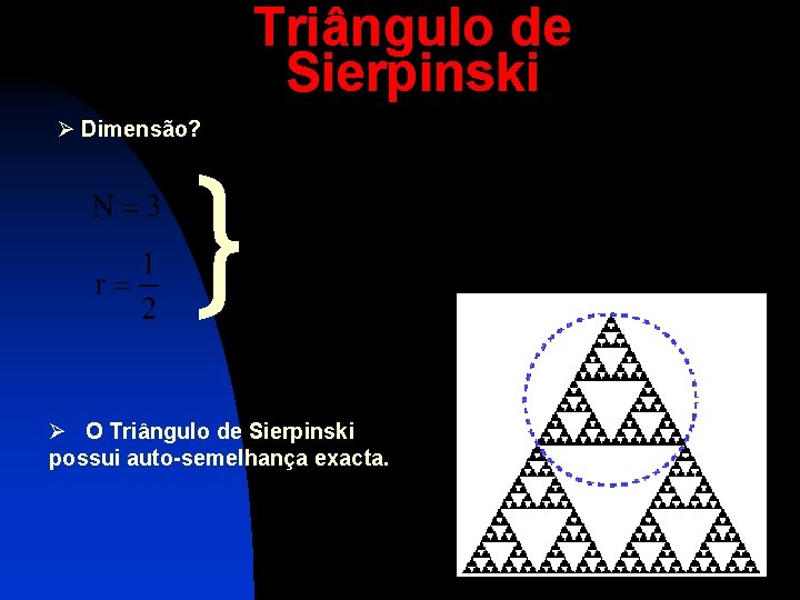 Triângulo de Sierpinski Ø Dimensão? } Ø O Triângulo de Sierpinski possui auto-semelhança exacta.