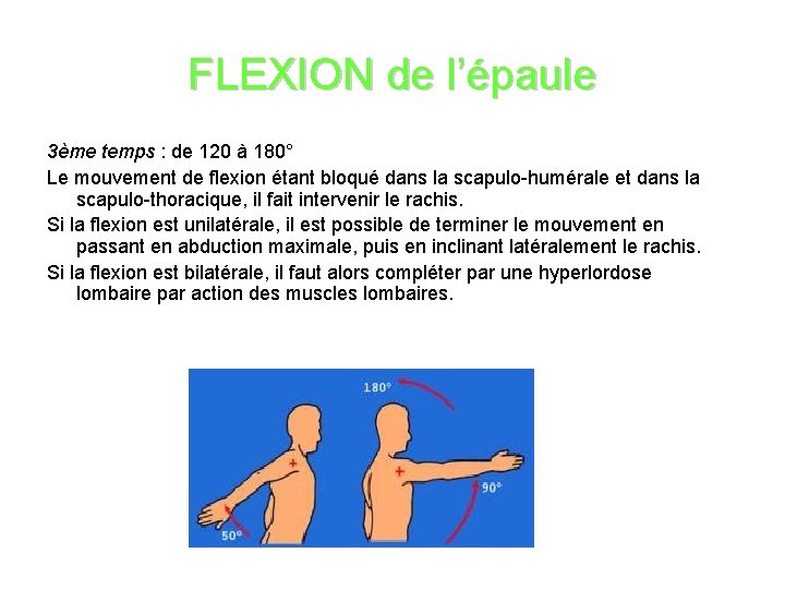 FLEXION de l’épaule 3ème temps : de 120 à 180° Le mouvement de flexion