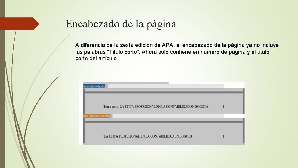 Encabezado de la página A diferencia de la sexta edición de APA, el encabezado