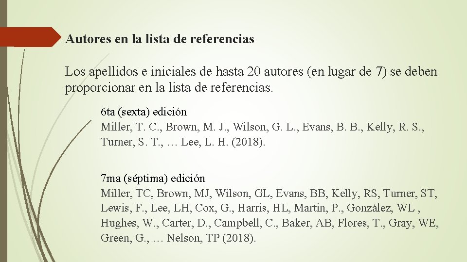 Autores en la lista de referencias Los apellidos e iniciales de hasta 20 autores
