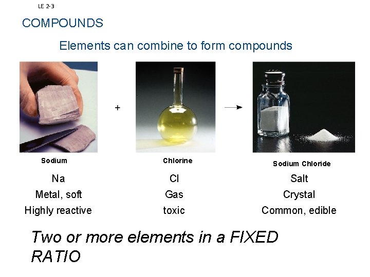 LE 2 3 COMPOUNDS Elements can combine to form compounds Sodium Chlorine Sodium Chloride