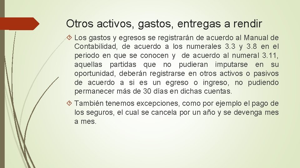 Otros activos, gastos, entregas a rendir Los gastos y egresos se registrarán de acuerdo