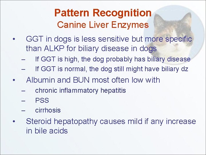 Pattern Recognition Canine Liver Enzymes • GGT in dogs is less sensitive but more