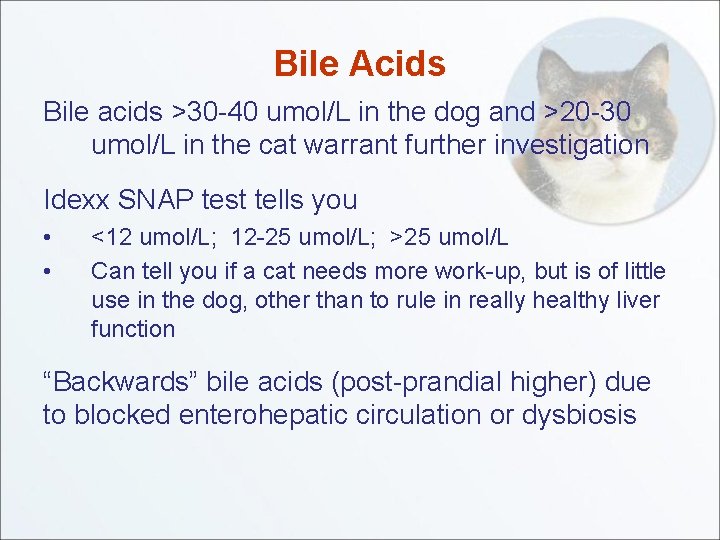 Bile Acids Bile acids >30 -40 umol/L in the dog and >20 -30 umol/L