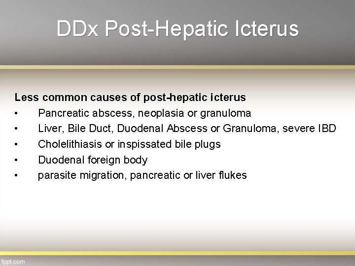 DDx Post-Hepatic Icterus Less common causes of post-hepatic icterus • Pancreatic abscess, neoplasia or