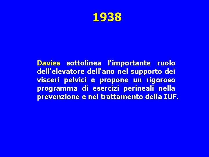 1938 Davies sottolinea l'importante ruolo dell'elevatore dell'ano nel supporto dei visceri pelvici e propone