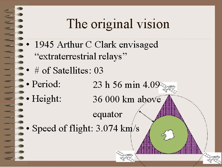 The original vision • 1945 Arthur C Clark envisaged “extraterrestrial relays” • # of