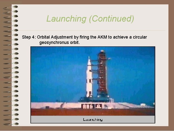 Launching (Continued) Step 4: Orbital Adjustment by firing the AKM to achieve a circular
