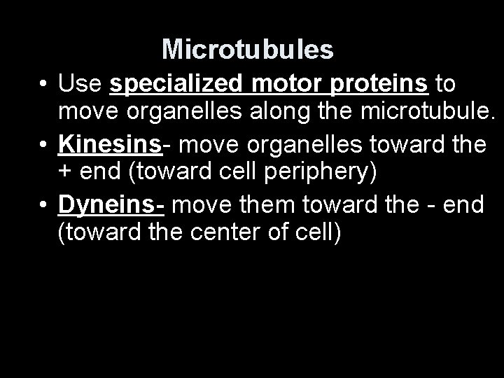 Microtubules • Use specialized motor proteins to move organelles along the microtubule. • Kinesins-