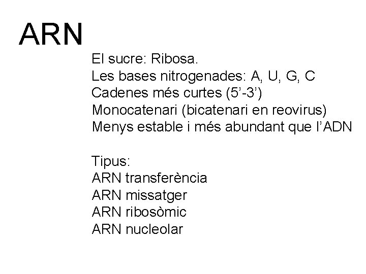 ARN El sucre: Ribosa. Les bases nitrogenades: A, U, G, C Cadenes més curtes