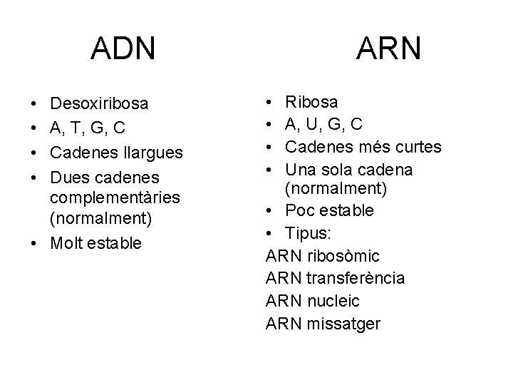 ADN • • Desoxiribosa A, T, G, C Cadenes llargues Dues cadenes complementàries (normalment)