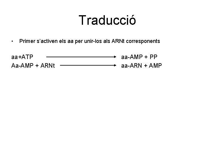 Traducció • Primer s’activen els aa per unir-los als ARNt corresponents aa+ATP Aa-AMP +