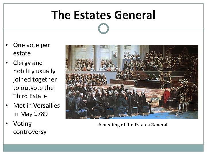 The Estates General • One vote per estate • Clergy and nobility usually joined