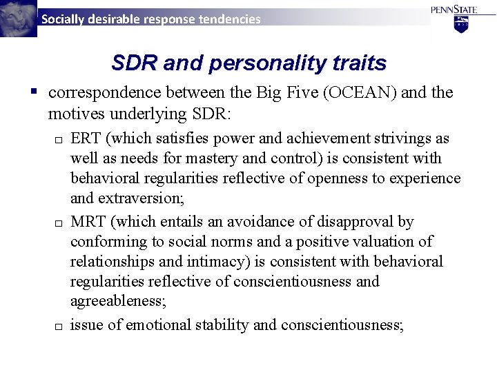 Socially desirable response tendencies SDR and personality traits § correspondence between the Big Five