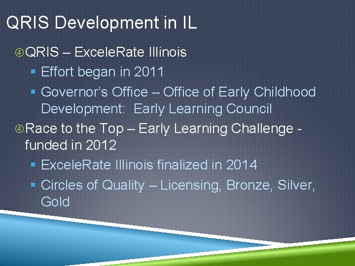 QRIS Development in IL QRIS – Excele. Rate Illinois § Effort began in 2011