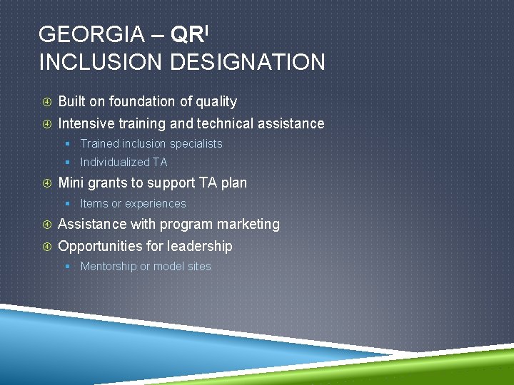 GEORGIA – QRI INCLUSION DESIGNATION Built on foundation of quality Intensive training and technical